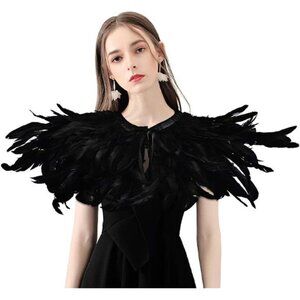 Black Feather Shawl Cape | Gothic Victorian Cosplay Shoulder Wrap